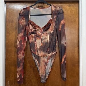 Mesh Long Sleeved Bodysuit With Thumb Holes Medium